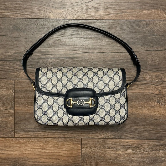 Vintage Gucci Horsebit 1955 Shoulder Bag in Navy Blue Coated Canvas & Leather - Picture 2 of 16